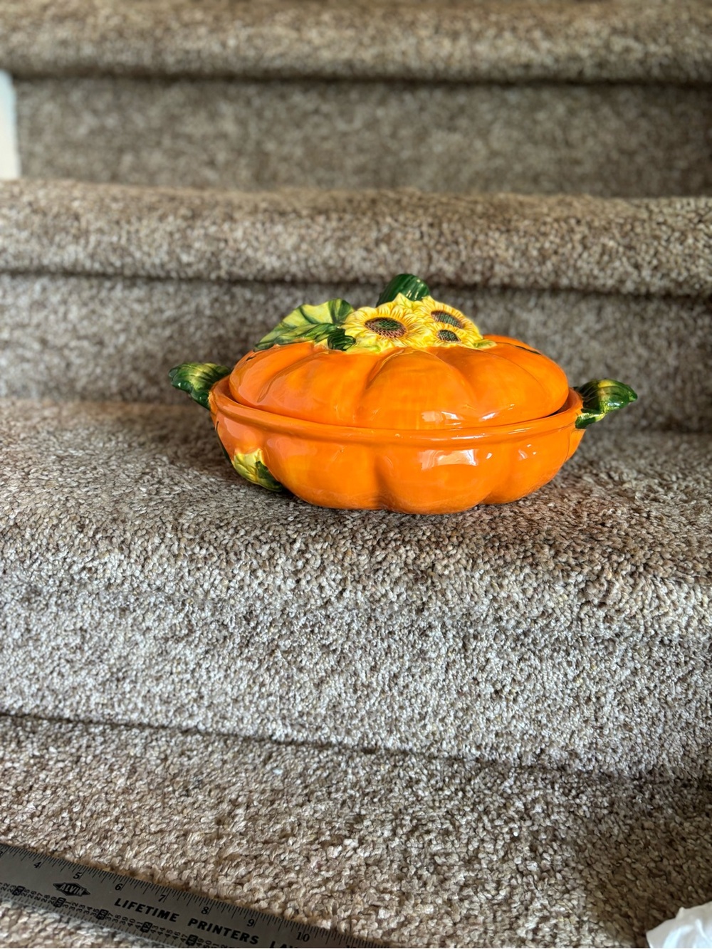 Ceramic Pumpkin Tureen with Sunflower Detail - Orange